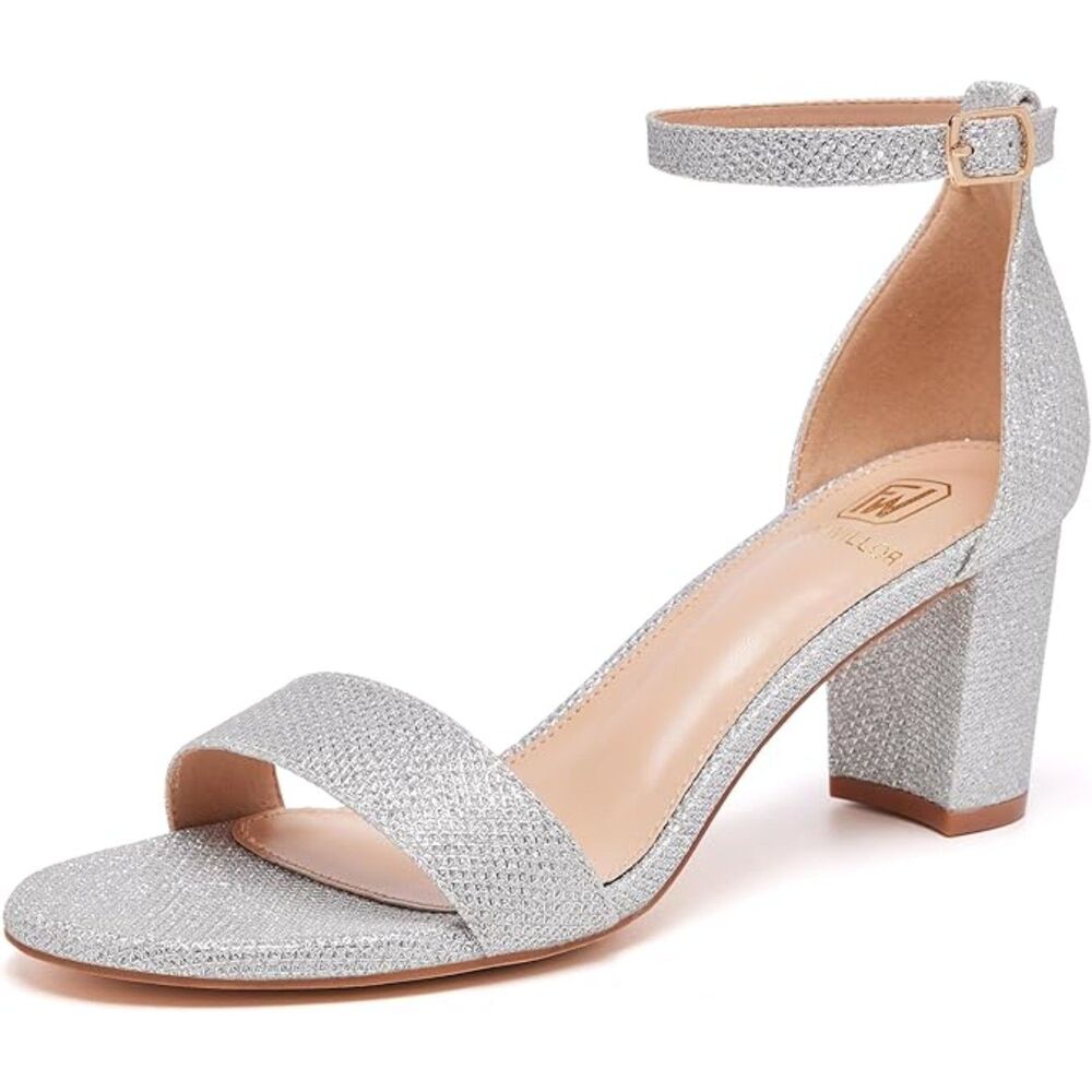 Women's Silver Open Toe Ankle Strap Low Chunky Short Heels Wedding Pumps Shoes